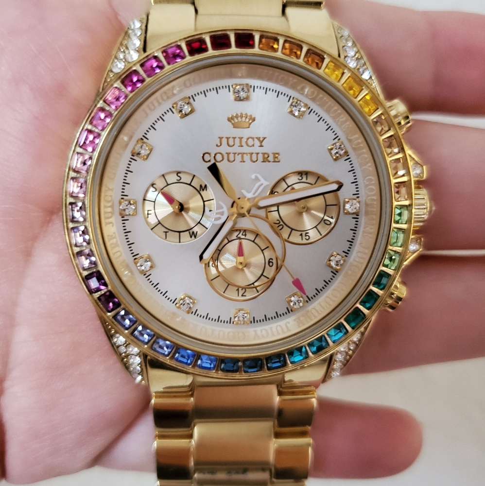 Juicy Couture Gold Chronograph Watch with Rainbow Bezel